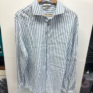 Suitsupply Light Blue and White Vertical Stripe Linen Dress Shirt